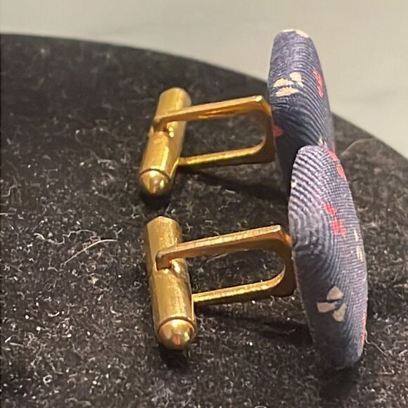1” gold tone cuff links w/blue Damask fabric red white Fleur de Lis bullet back - Picture 6 of 11